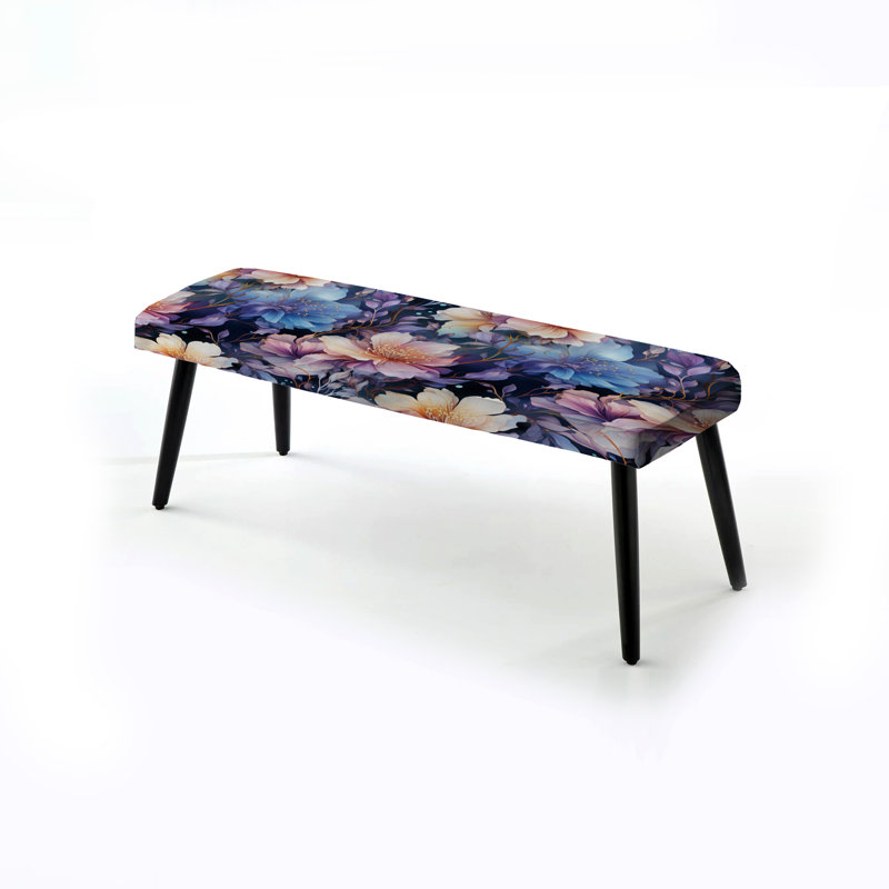 Banc rembourré floral noir Truong, Mystical Aura Blue And Purple Floral Pattern