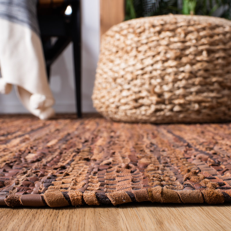 Riplex Vintage Leather Flat Weave Recycled Leather/Cotton Solid Color Rug in Brown, Square 7'