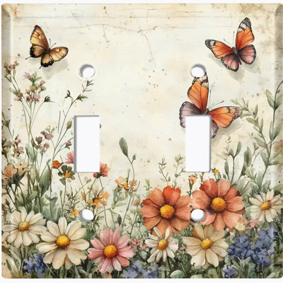 Couvercle de plaque d'interrupteur en métal; Bascule standard à 2 bandes US - fleurs et papillons rustiques