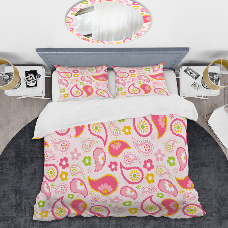 Cachemire rose et vert à motif floral - Ensemble de housse de couette abstrait - Microfibre de polyester