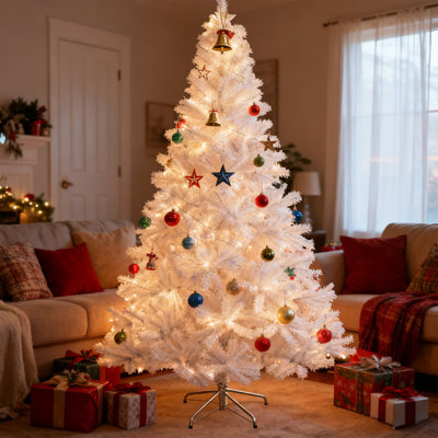 7Feet White Artificial Christmas Tree Premiums Unlit Hinged Spruce Full Tree with 1000 Branch Tips and Metal Stand Easy Assembly for Indoor and Outdoo