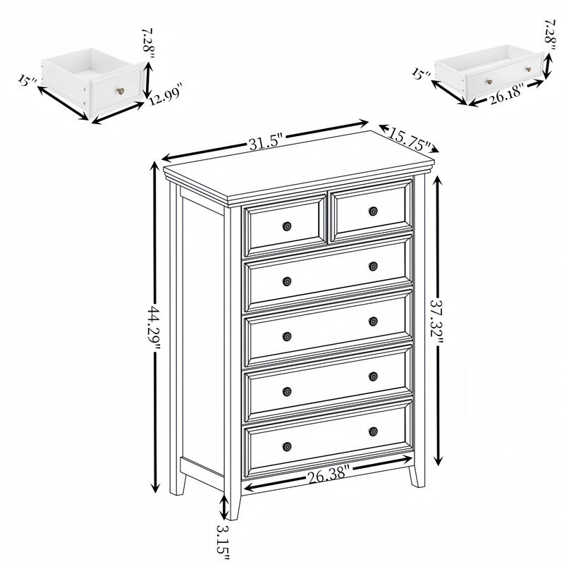 Armoire de rangement classique 6 tiroirs, organisateurs de placard pour le salon, la chambre à coucher, Blanc