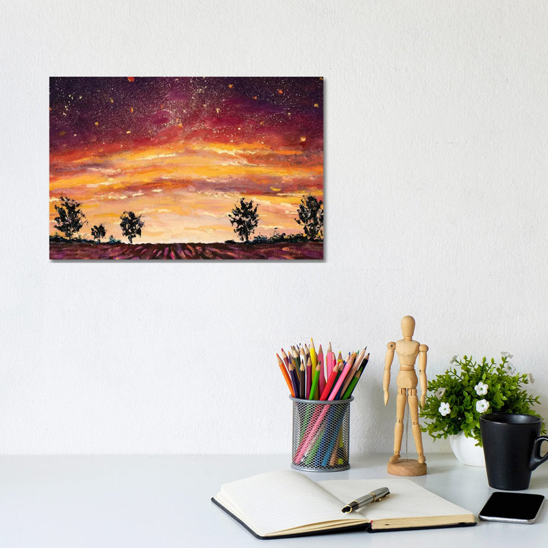 Impressionism Purple Lush Flowers At Sunset. Lavender Field, Warm Dawn - Wrapped Canvas Painting, 20.32 cm H x 30.48 cm W