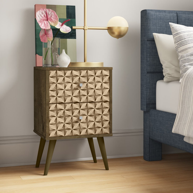 Table de chevet moderne Mid-Century à 2 tiroirs Liberty brun rustique et naturel, Brun rustique / imprimé 3D brun