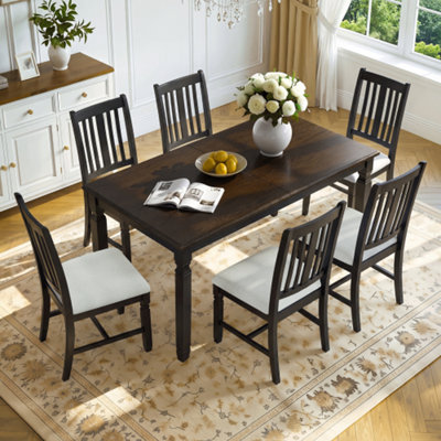 Ensemble de table de salle à manger extensible 7 pièces pour 6 personnes, table en placage de chêne de style campagnard et 6 chaises rembourrées, pieds en bois d'hévéa