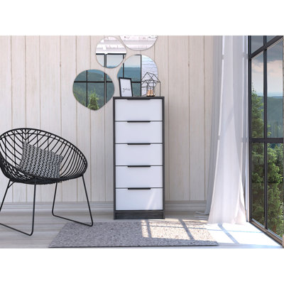 Commode 5 tiroirs, commode verticale - chêne Smokey / blanc
