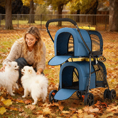 Poussette pliante pour animaux de compagnie pour chats et chiens 4-en-1 Poussette double pour petits et moyens animaux avec chariot convertible
