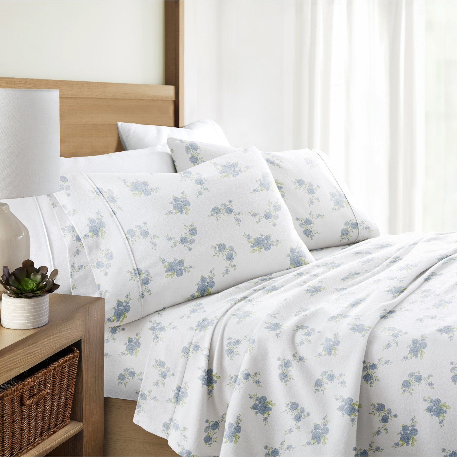 Cotton Flannel Sheet Set, Light Blue/Roses, California King Sheet Set