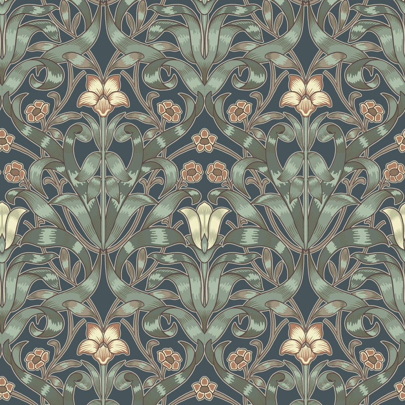 Ribbon Lily - Wallpaper, Oxford Blue, Faux Grasscloth, Non-Pasted