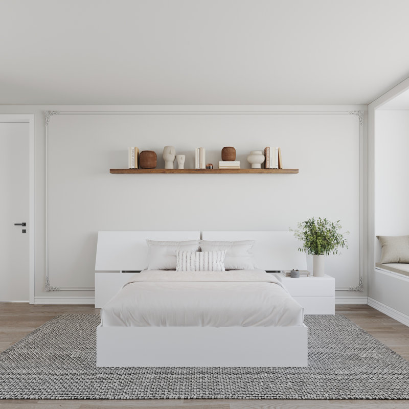 Ensemble de chambre double avec rangement Masyn, Trois pièces: lit et deux tables de chevet