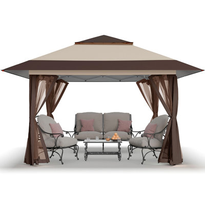 11 Ft. W x 11 Ft. D Outdoor Gazebo for Backyard & Patio Lawn with Netting Khaki