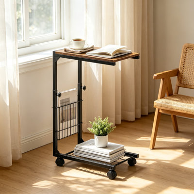 C Shaped Side Table with Wheels Slide Under Couch Table Adjustable Height Metal Frame End Table for Sofa Bed Living Room Bedroom Small Space