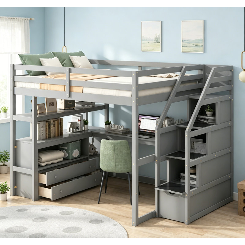 Lit mezzanine double avec bureau, tablettes et escalier de rangement gris, maximisant l'espace et la fonctionnalité pour les chambres modernes