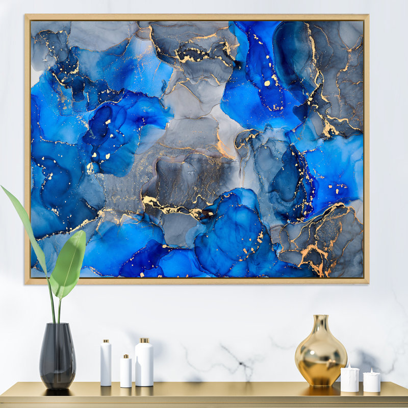 Bleu et gris luxueux abstrait fluide V - peinture sur toile, H 16 po x l 32 po x P 1 po, Cadre flottant érable