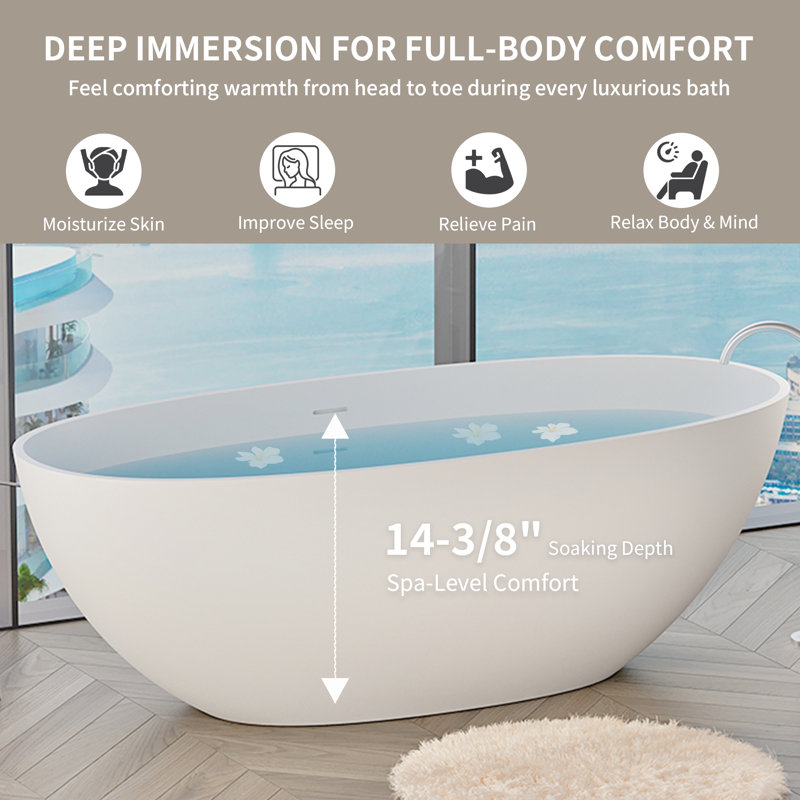 65" x 30" Freestanding Soaking Solid Surface Bathtub Stone Resin Bath Tub with Overflow, Pop-up Drain, Matte White