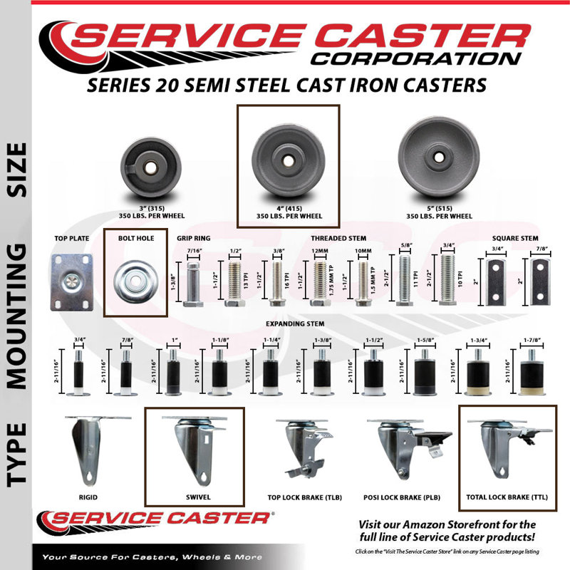 4 Inch Semi Steel Swivel Bolt Hole Caster Set with 2 Total Lock Brake SCC