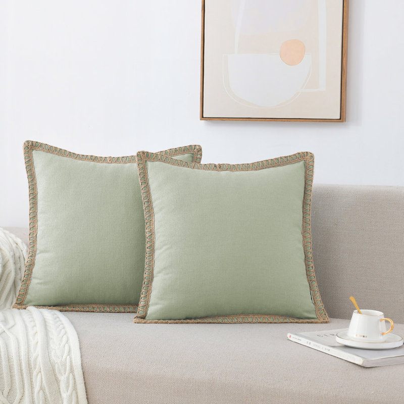 Farmhouse Trimmed Burlap Linen Polyester Pillow Cover, 18"H x 18"W, Sage Green, Square