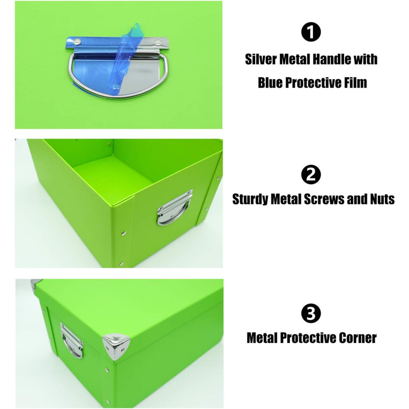 Collapsible Storage Box, Decorative Memory Box With Lid & Metal Reinforced Corners, Cardboard File Bin With Handles, Organizer Gift Box For Keepsake Toy Photos Office Nursery Wardrobe Bookshelf