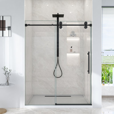 Porte de douche coulissante simple en verre 8 mm, l 44 48 po x H 76 po, contournement noir mat, roulettes, détachement, rail rond, imperméable, verre additionnel élégant pour la salle de bain, double H 304