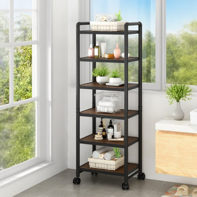 6-Tier Wood Storage Shelves, Slim Rolling Storage Cart With Metal Frame, Heavy Duty Plant Stand, Narrow Mobile Shelving Unit, Stackable Organizer Shelves For Kitchen, Bathroom, Laundry Room, Balcony, Tight Corners
