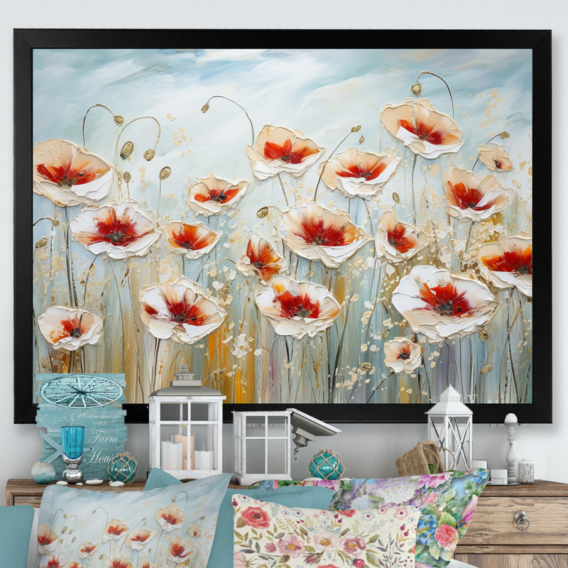 Champ de coquelicots rouges et gris, H 16 po x l 32 po x P 1 po, Cadre simple noir