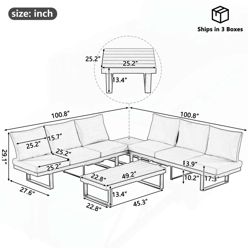 Versatile Outdoor Sofa Set with Adjustable Seats and Multiple Functional Tables, Beige