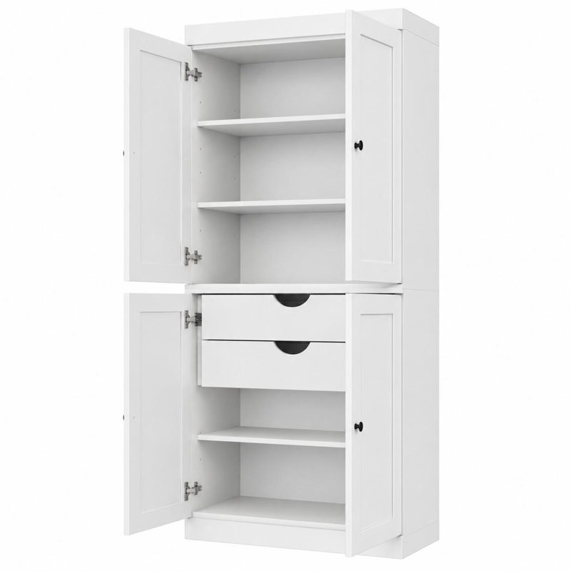 72" White Solid Wood Four Door Two Drawer Pantry Or Storage Closet