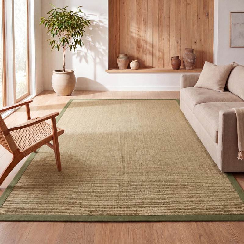Camden Farmhouse Cottage Border Jute Natural/Olive Rug, Rectangle 7'8" x 10'