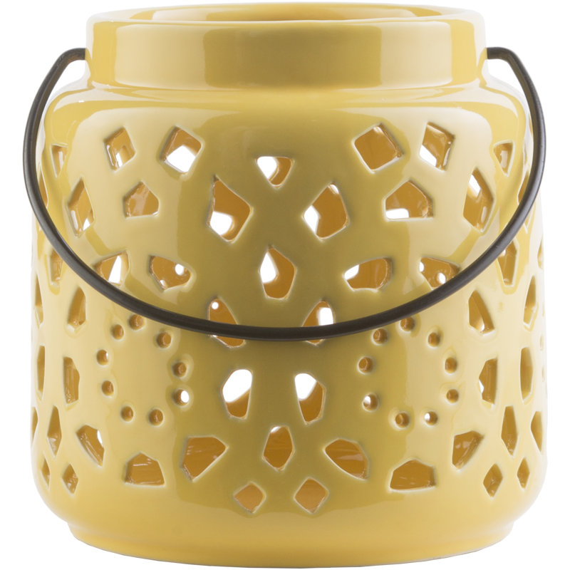 Alica Ceramic Lantern, Mustard, 6.5" H x 6.25" W x 6.25" D