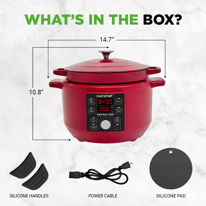 Cocotte électrique 6 pintes | Pot en fonte 1500W 5-en-1 1500W avec couvercle en acier inoxydable | Contrôle précis de la température | Comprend 2 poignées en silicone et un coussin résistant à la chaleur