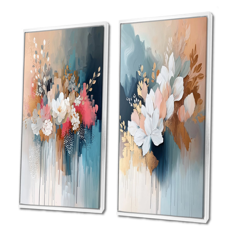 Ensemble de 2 pièces d'art mural blanc doré à motif floral Brushstroke III, H 40 po x l 40 po, Cadre flottant blanc