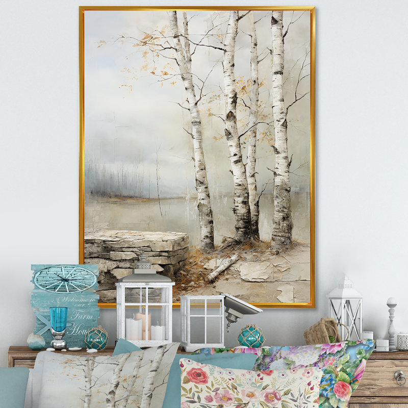 Rustic Birch Tree Charm - Art mural bouleau, H 20 po x l 12 po x P 1 po, Cadre flottant doré