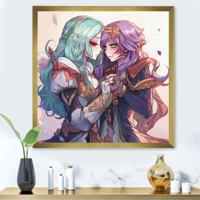 Couple d'anime s'embrassant pastel tendre, impression sur toile, Cadre photo doré simple, H 24 po x l 24 po x P 1 po