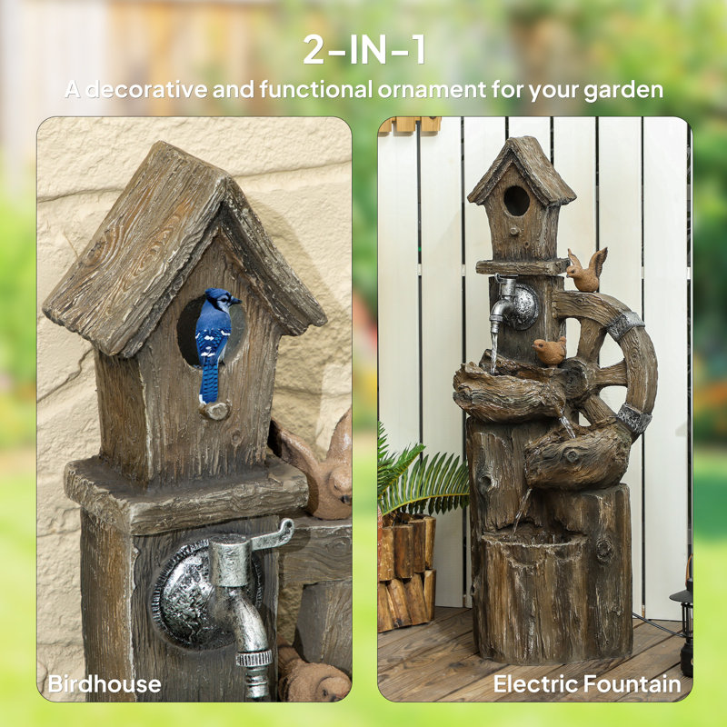 2-in-1 Outdoor Water Fountain with Birdhouse, Outdoor Waterfall Fountain with LED Lights Pump, Tree Trunk Outdoor Water Feature, Resin Garden Fountain, Mixed Color