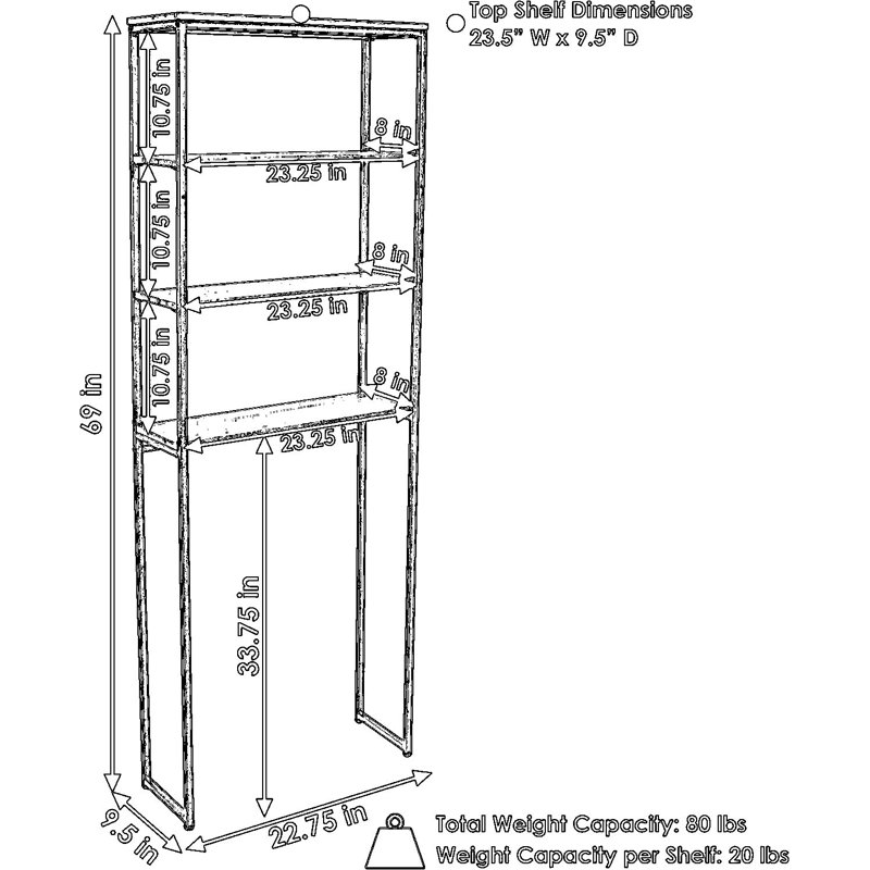 Étagère de rangement au-dessus de la toilette, organisateur de salle de bain à 4 niveaux avec tablettes ouvertes et structure en fer robuste, maximise l'espace vertical pour les serviettes et les articles de toilette