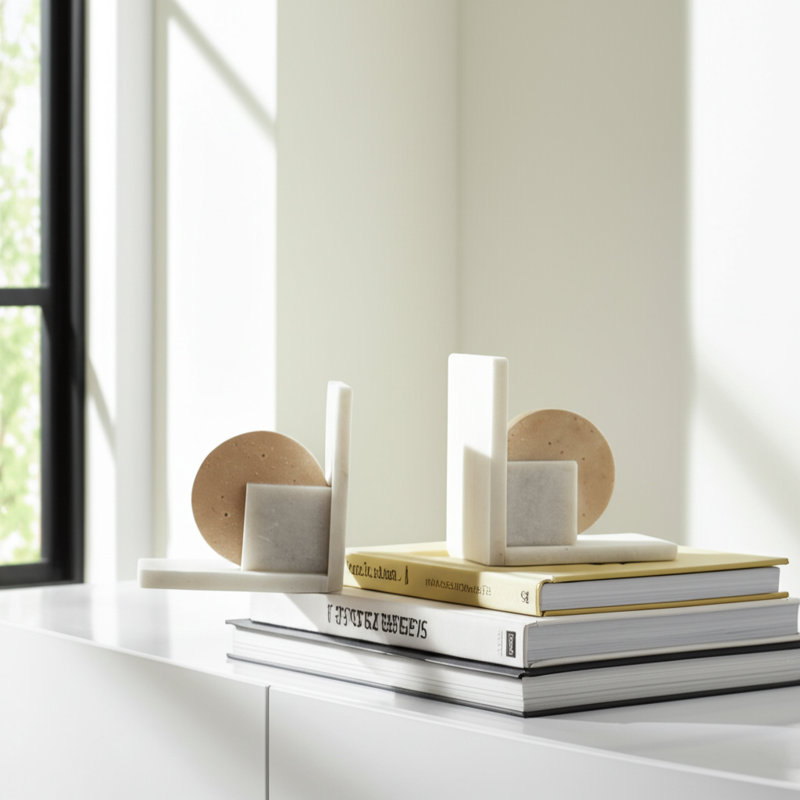 Geometric 6" Travertine & Marble Bookends Set