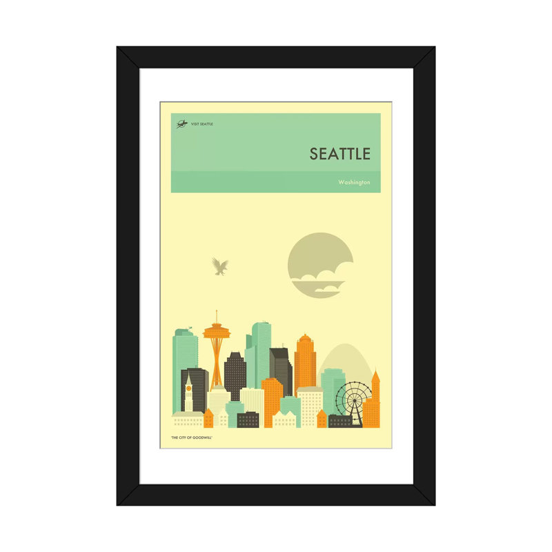 « seattle horizon », impression sur toile, H 24 po x l 16 po x P 1 po, Papier d'art encadré noir, Blanc