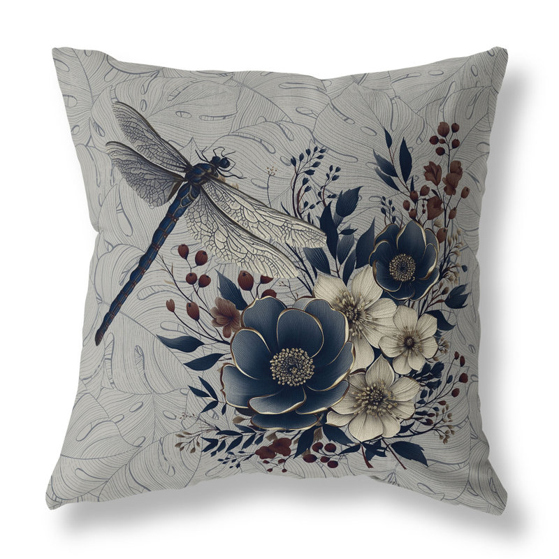 Coussin décoratif intérieur / extérieur Dragonfly Haven, H 16 po x l 16 po, Bleu / crème / gris