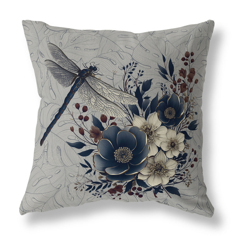 Coussin décoratif intérieur / extérieur Dragonfly Haven, H 18 po x l 18 po, Bleu / crème / gris