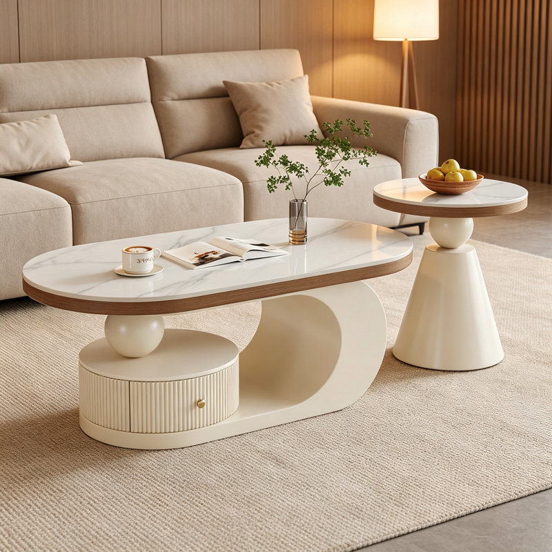 Disanto, H 15,74 po x l 47,24 po x P 23,62 po, Plateau blanc / base crème, Marbre