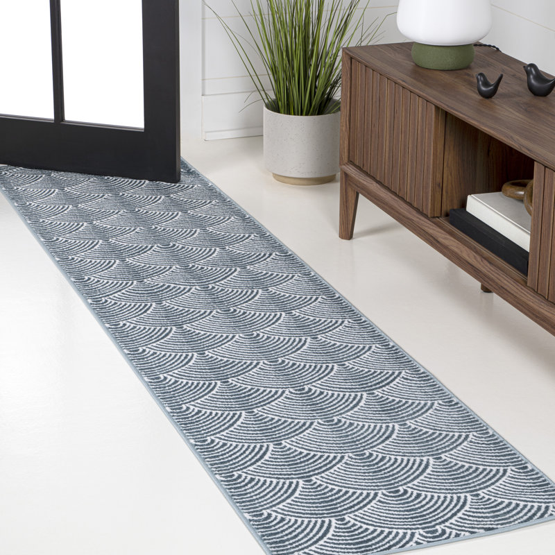 Simsbury Geometric Art Deco Fan Pattern High-Low Navy/Cream Rug, Runner 2' x 8'