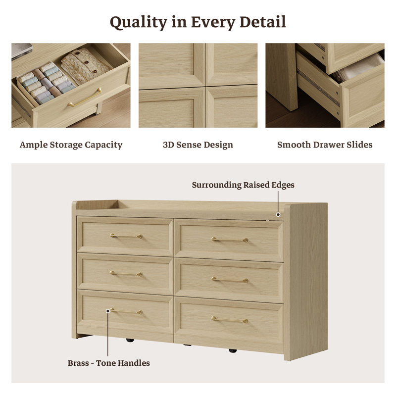 56.4"W Modern 6-Drawer Dresser, Light Oak