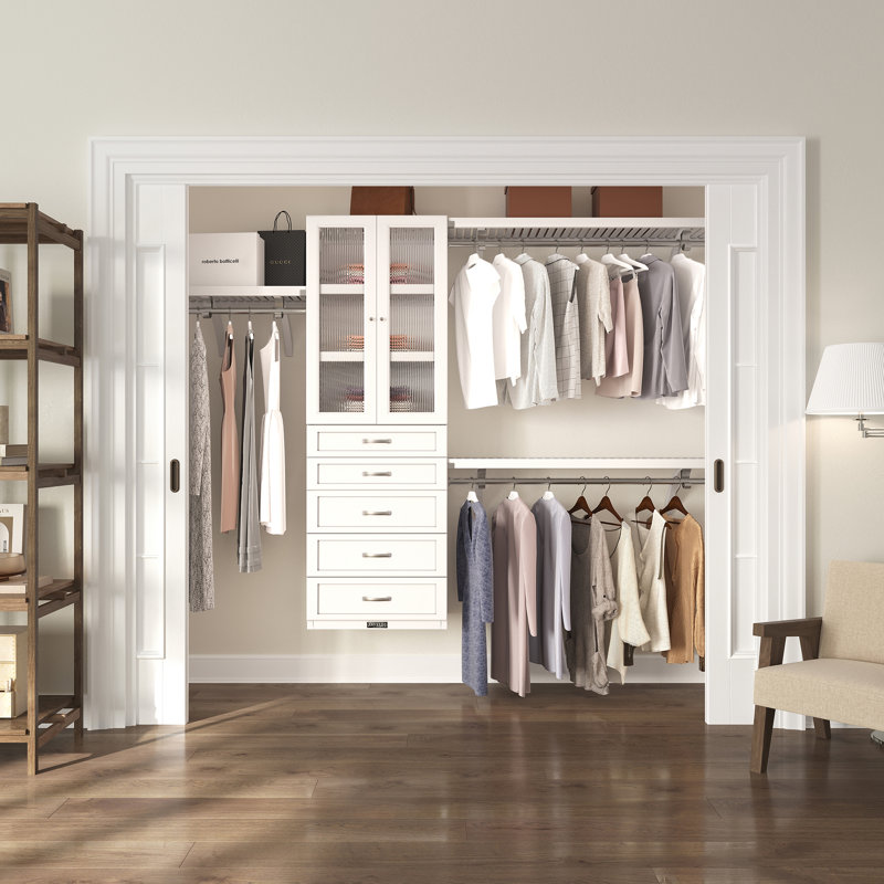 John Louis Home Solid Wood Walk-In Closet System with 5-Drawers and Glass Doors White