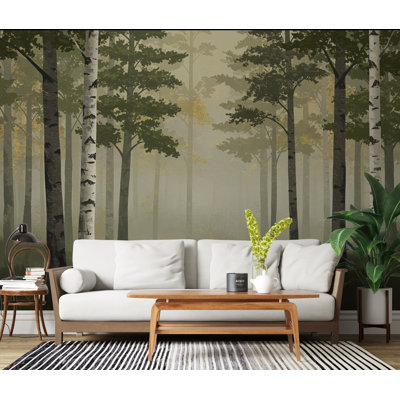 Misty Forest Wallpaper Mural, Watercolor Birch and Spruce Trees, Neutral Green Woodland Wall Art Scandinavian Nature Decor Calm Forest  