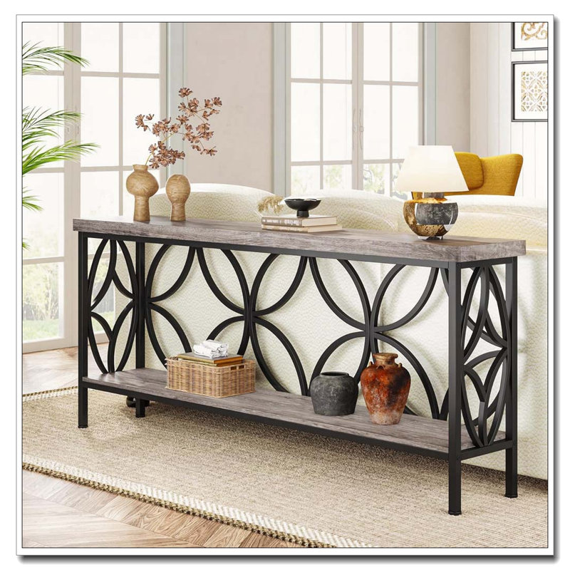 Industrial Console Table with Open Storage Shelves Farmhouse Style, Gray