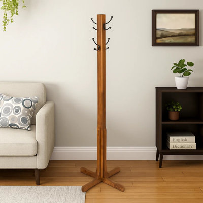 Portemanteau en bois avec base en X et crochets en métal, brun chêne