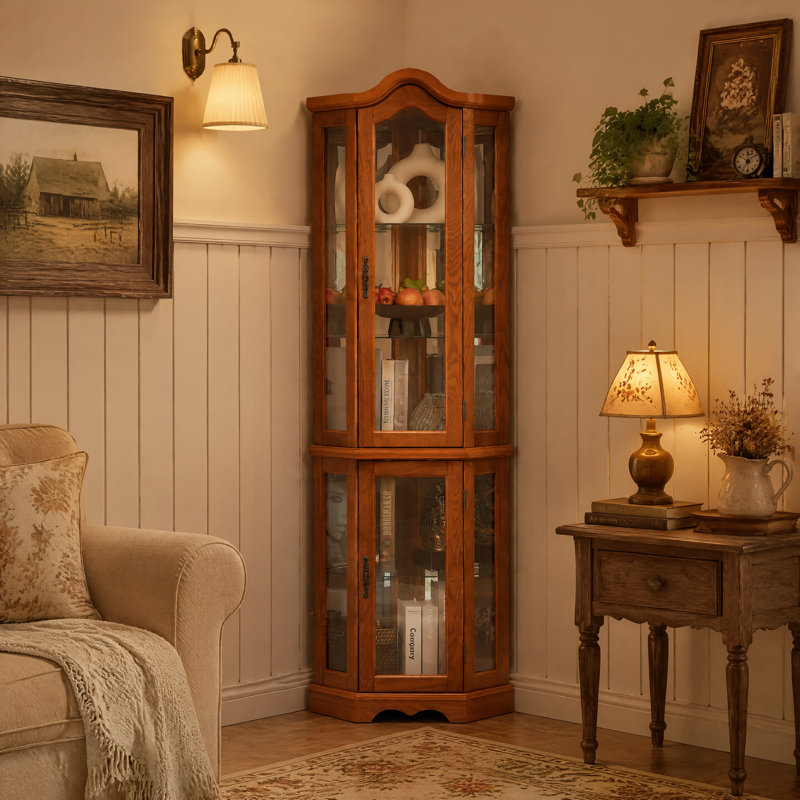 Vitrine de coin lumineuse, vitrine de style couronne avec portes et tablettes en verre trempé, ampoule incluse, décor de rangement en coin pour le salon et la chambre à coucher, finition chêne