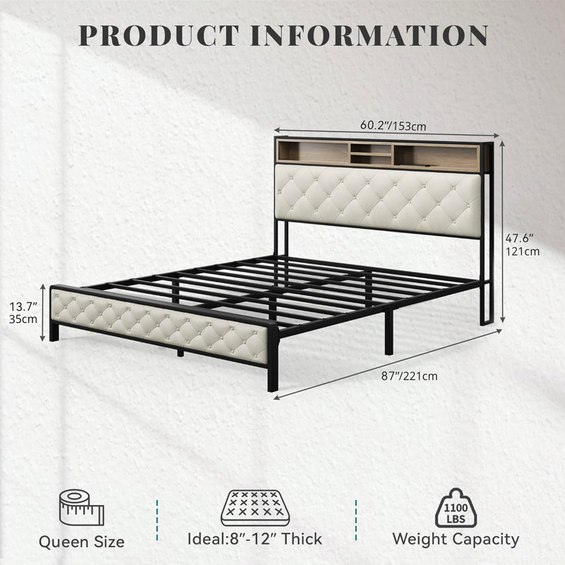 Structure de lit grand format avec tête de lit tapissier avec rangement, station de charge, lattes en métal doux et robustes, sans sommier, beige, design rétro industriel et plateforme Under Beige
