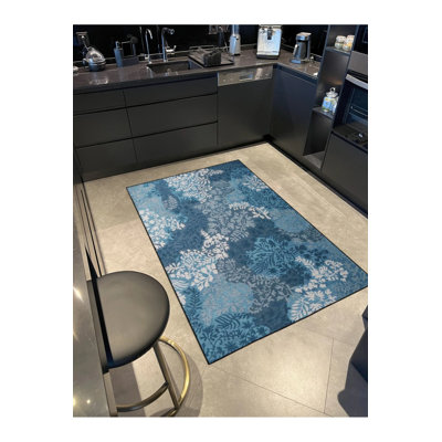 Tapis décoratif bleu à motif floral lavable