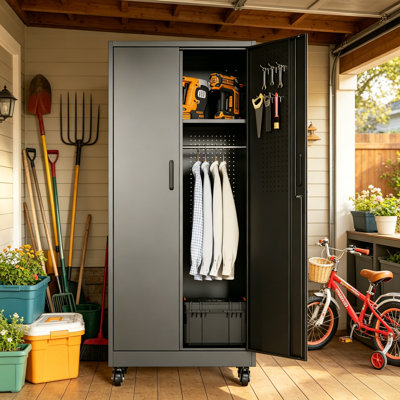 Heavy-Duty Metal Garage Cabinet With Drawers And Lockable Doors, 2 Adjustable Shelves + Pegboard Hooks, Casters, Suitable For Both Home And Office Use.
